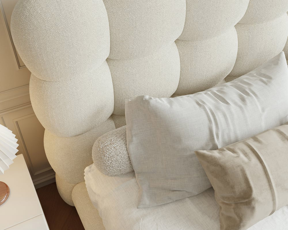 HMR White Boucle Upholstered Platform Bubble Bed Frame - White, King
