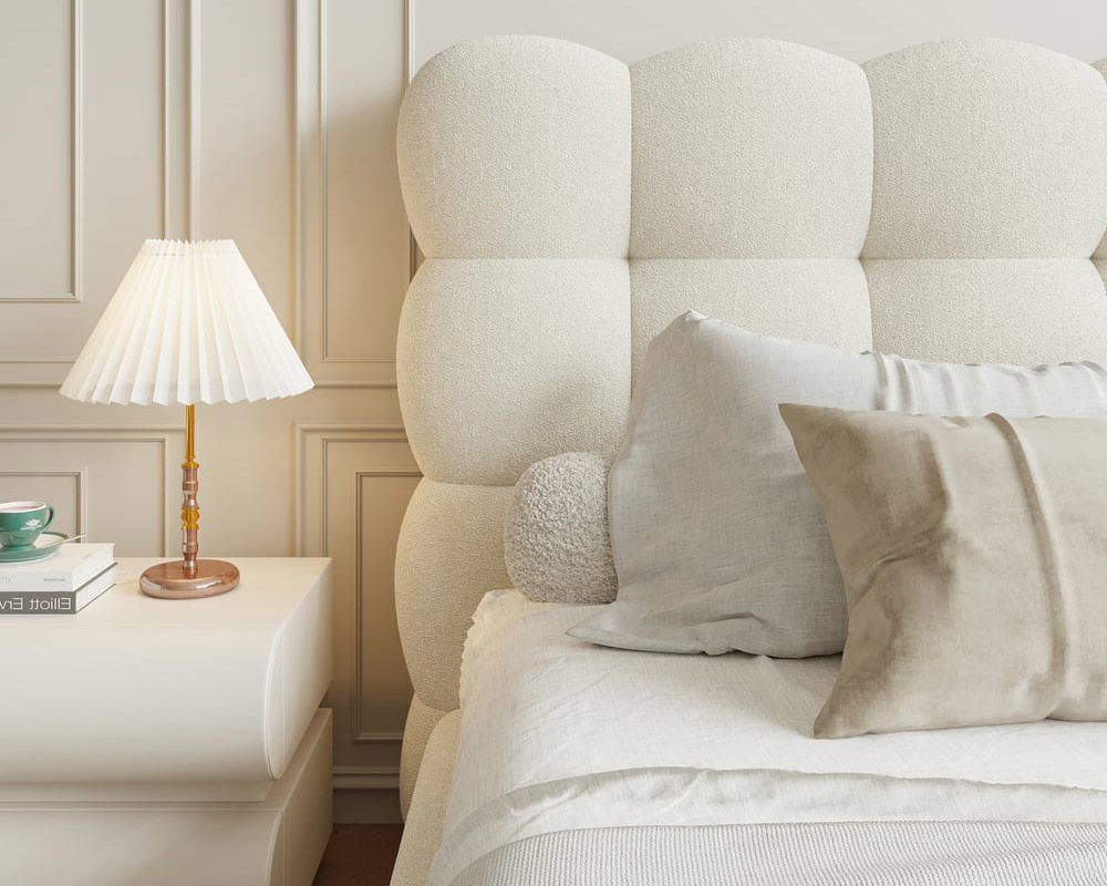HMR White Boucle Upholstered Platform Bubble Bed Frame - White, King
