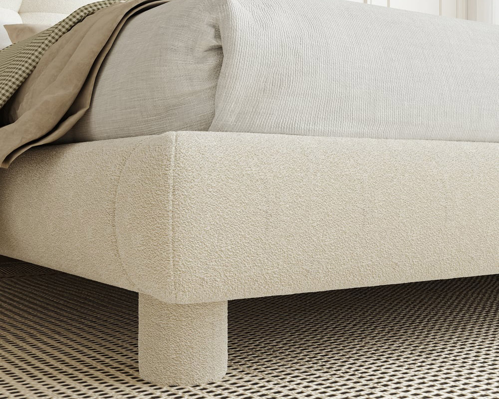 HMR White Boucle Upholstered Platform Bubble Bed Frame - White, King