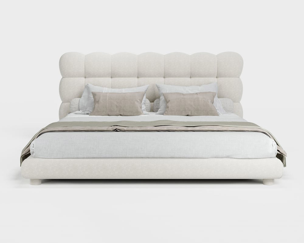 HMR White Boucle Upholstered Platform Bubble Bed Frame - White, King
