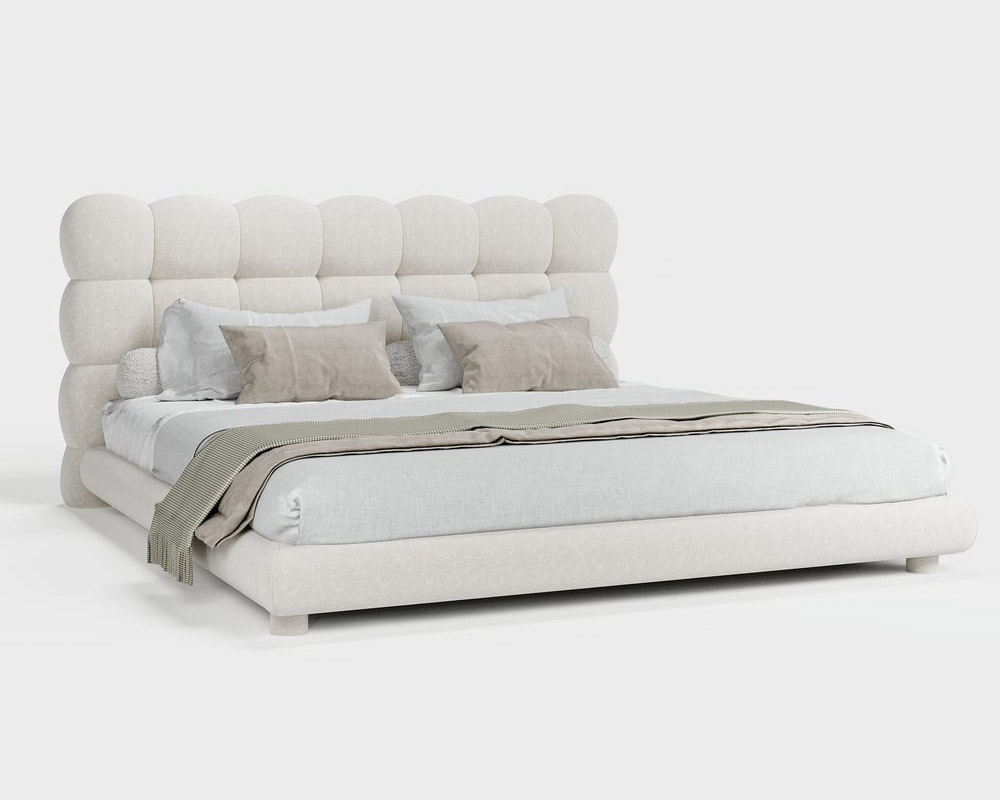 HMR White Boucle Upholstered Platform Bubble Bed Frame - White, King