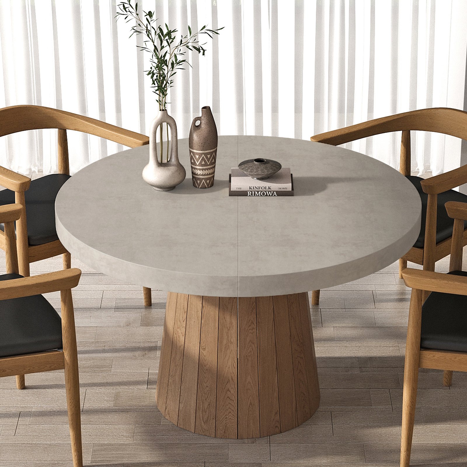 HMR 39"-55" Japandi Style Oval & Round Extendable Wood Dining Table (Seats 4-6 People) - Gray