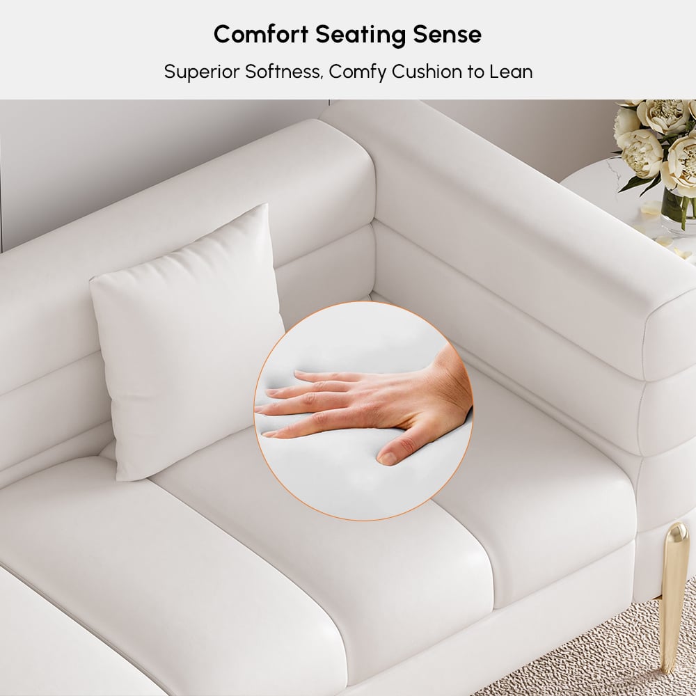 HMR Aurora 79" Fluted Sofa with Gold Legs & Pillows Set of 4 - White, Faux Leather