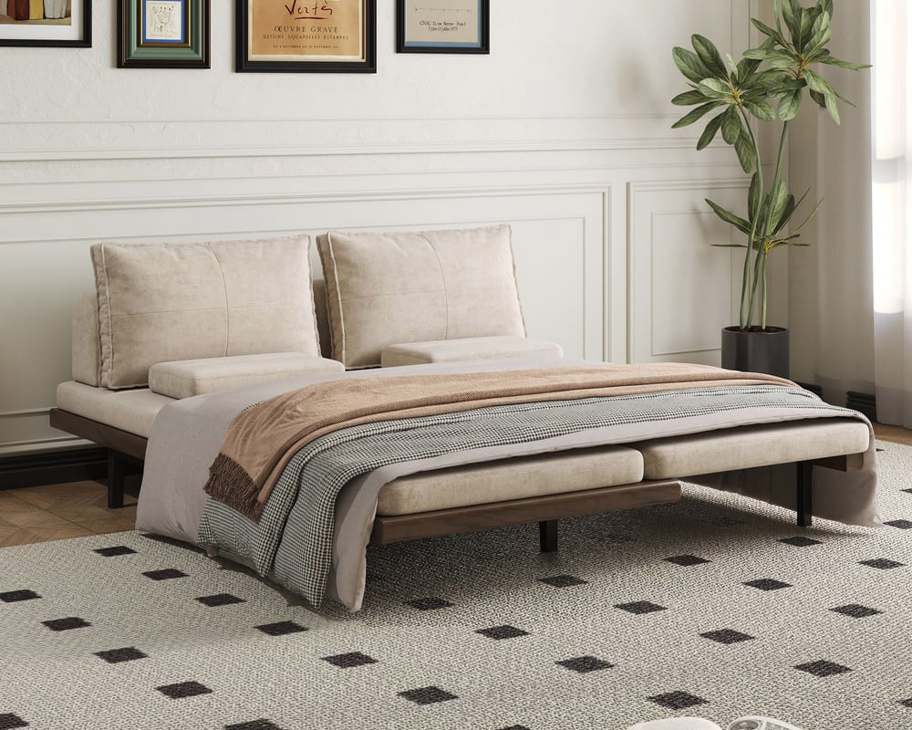 HMR 79" Queen 3-Seater Linen Convertible Futon Bed with Pillows - Khaki