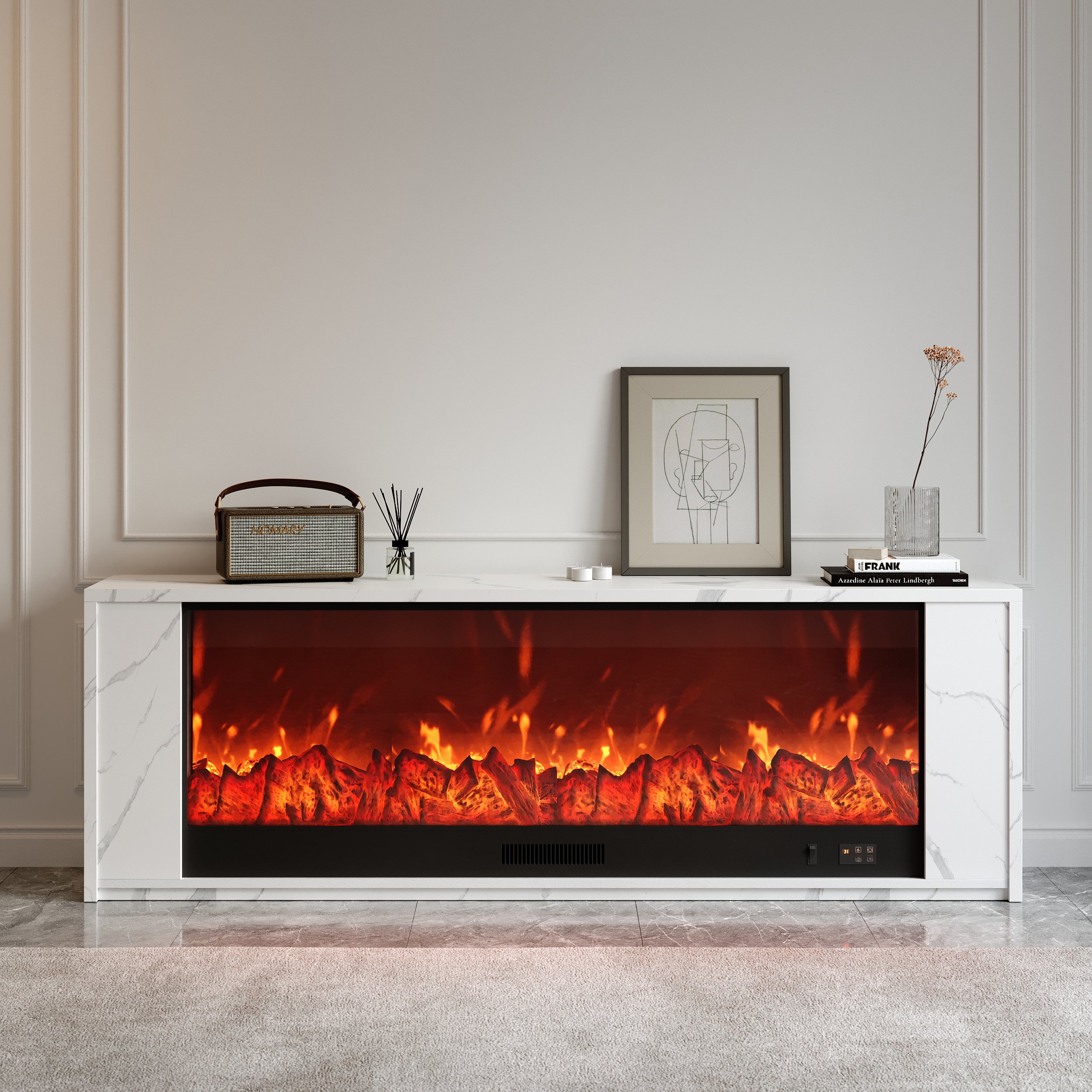 HMR Electric Fireplace TV Stand with Remote Control - White, MDF, 70.9"W×12.6"D×23.6"H