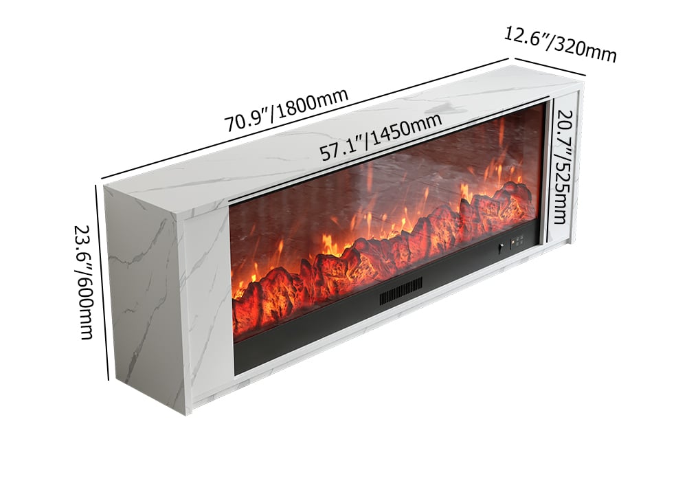 HMR Electric Fireplace TV Stand with Remote Control - White, MDF, 70.9"W×12.6"D×23.6"H