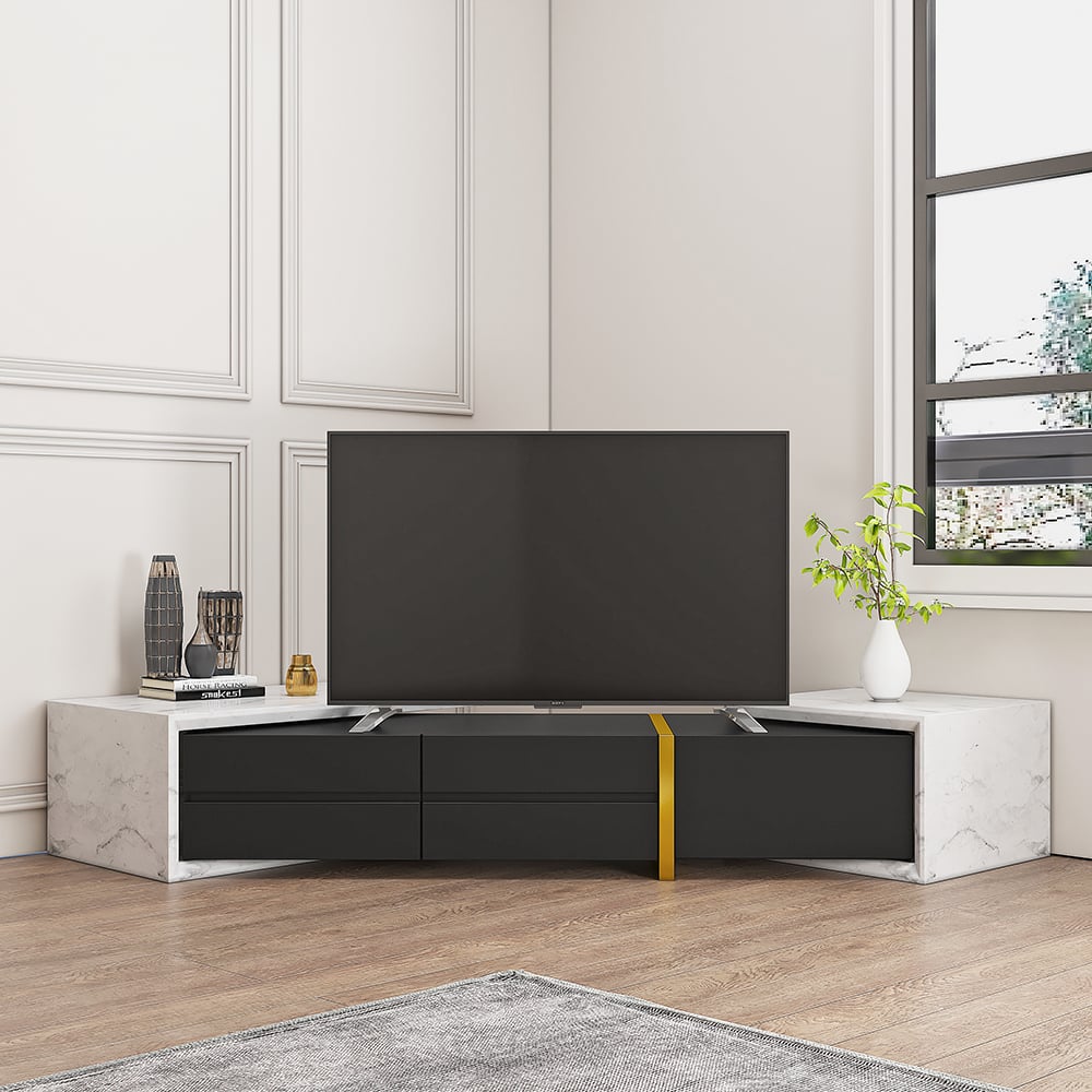 HMR - 51.2'' to 86.6'' Extendable TV Stand White & Black Corner Media Console with 2 Drawers