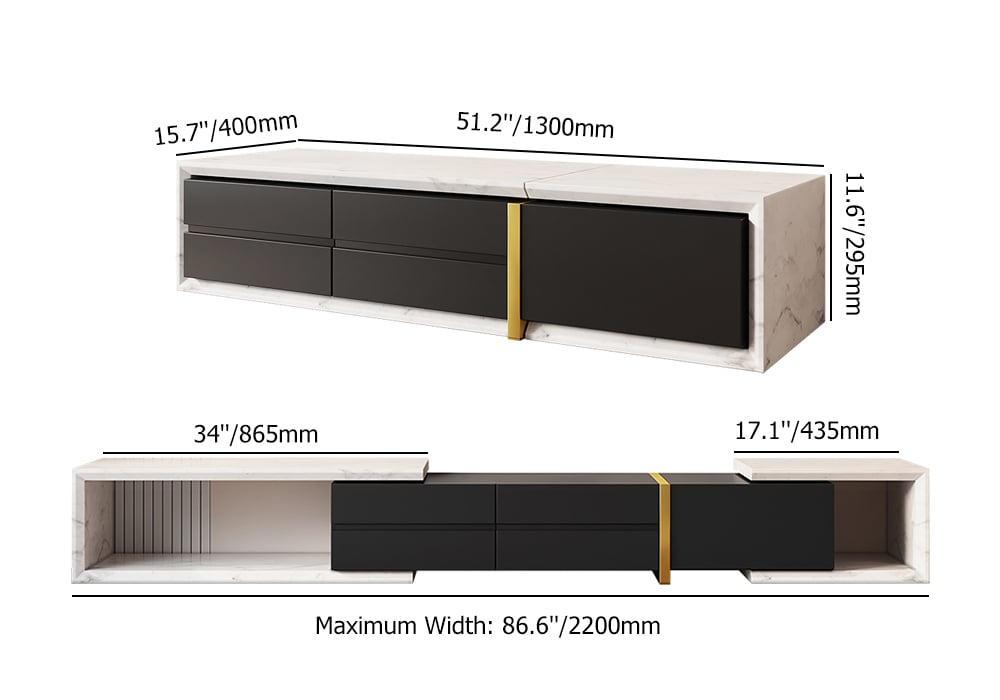 HMR - 51.2'' to 86.6'' Extendable TV Stand White & Black Corner Media Console with 2 Drawers