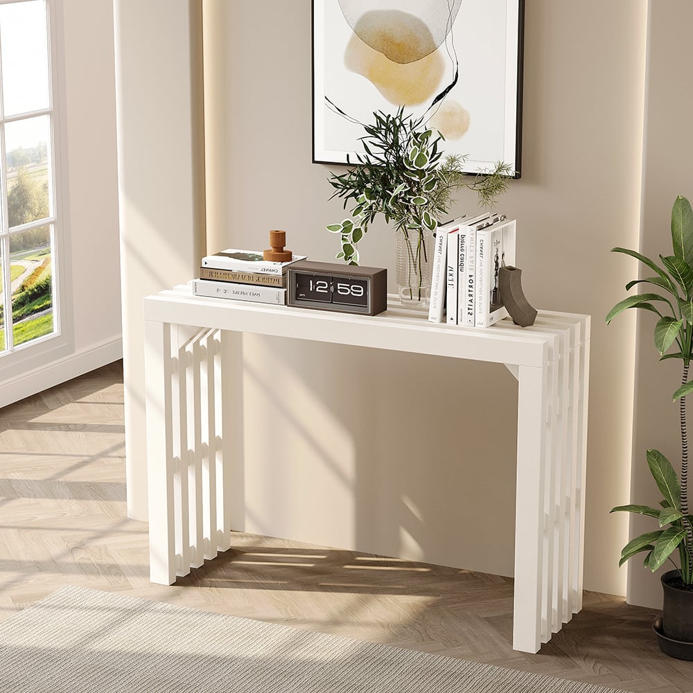 HMR - 48" Modern White Waterfall Console Table Narrow Wooden Entryway Table