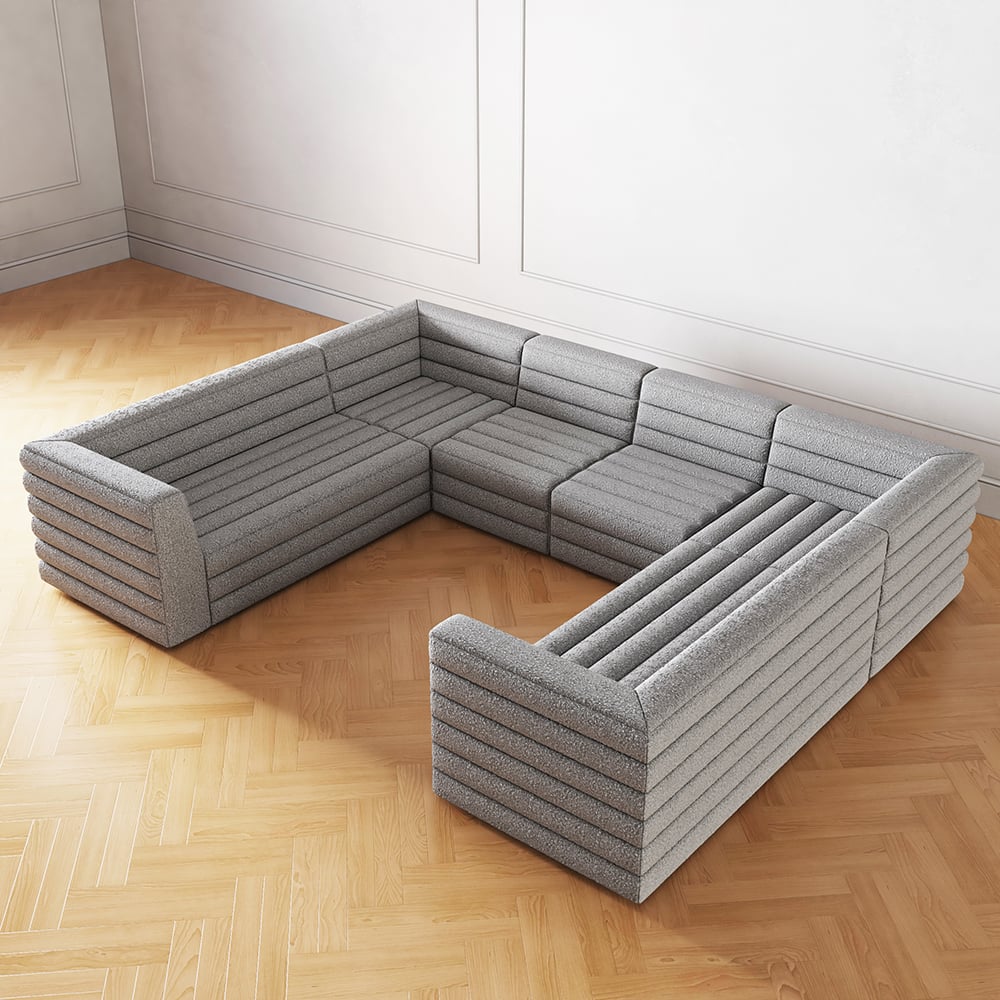 HMR 126" U-Shaped Modern Modular Sectional Sofa for 8 Seaters - Gray, Boucle