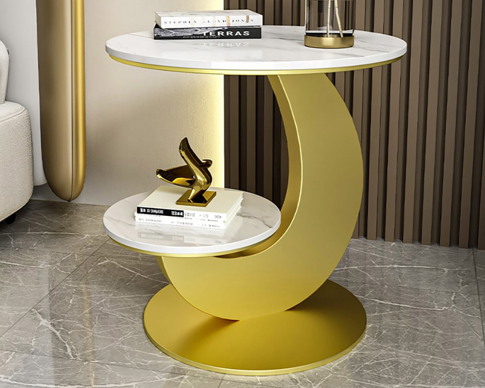HMR 20" Round Sintered Stone 2-Tier Moon-Shaped Side Table - White & Gold