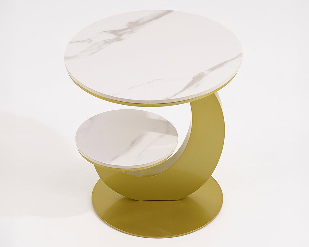 HMR 20" Round Sintered Stone 2-Tier Moon-Shaped Side Table - White & Gold