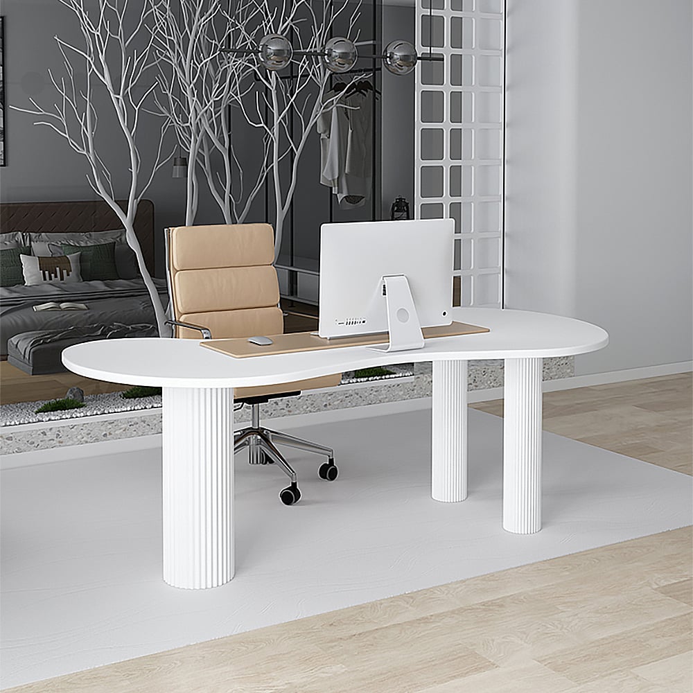 HMR - 55.1" Japandi White Curved Desk Home Office Pedestal Desk with 3 Legs Writing Desk