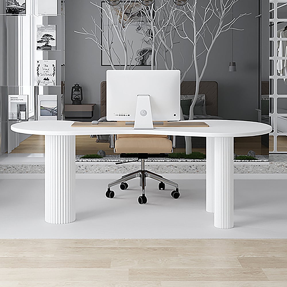 HMR - 55.1" Japandi White Curved Desk Home Office Pedestal Desk with 3 Legs Writing Desk