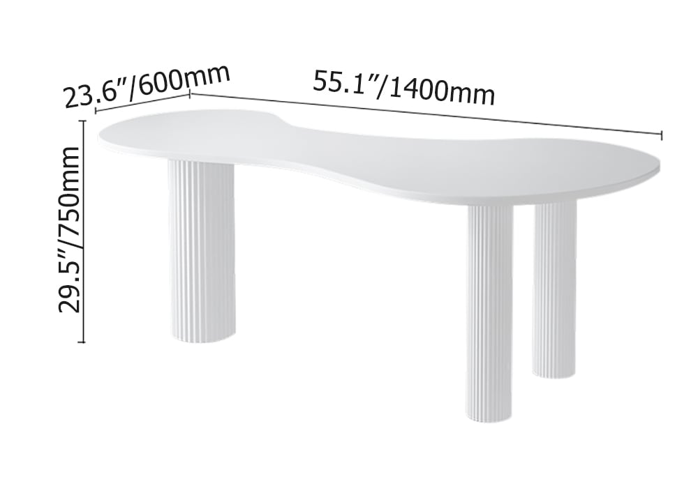 HMR - 55.1" Japandi White Curved Desk Home Office Pedestal Desk with 3 Legs Writing Desk