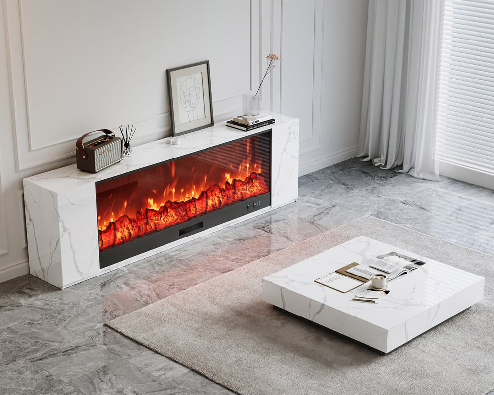 HMR Sintered Stone Electric Fireplace TV Stand & Coffee Table Set - White, 70.9"W x 12.6"D x 23.6"H