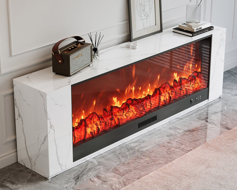 HMR Sintered Stone Electric Fireplace TV Stand & Coffee Table Set - White, 70.9"W x 12.6"D x 23.6"H