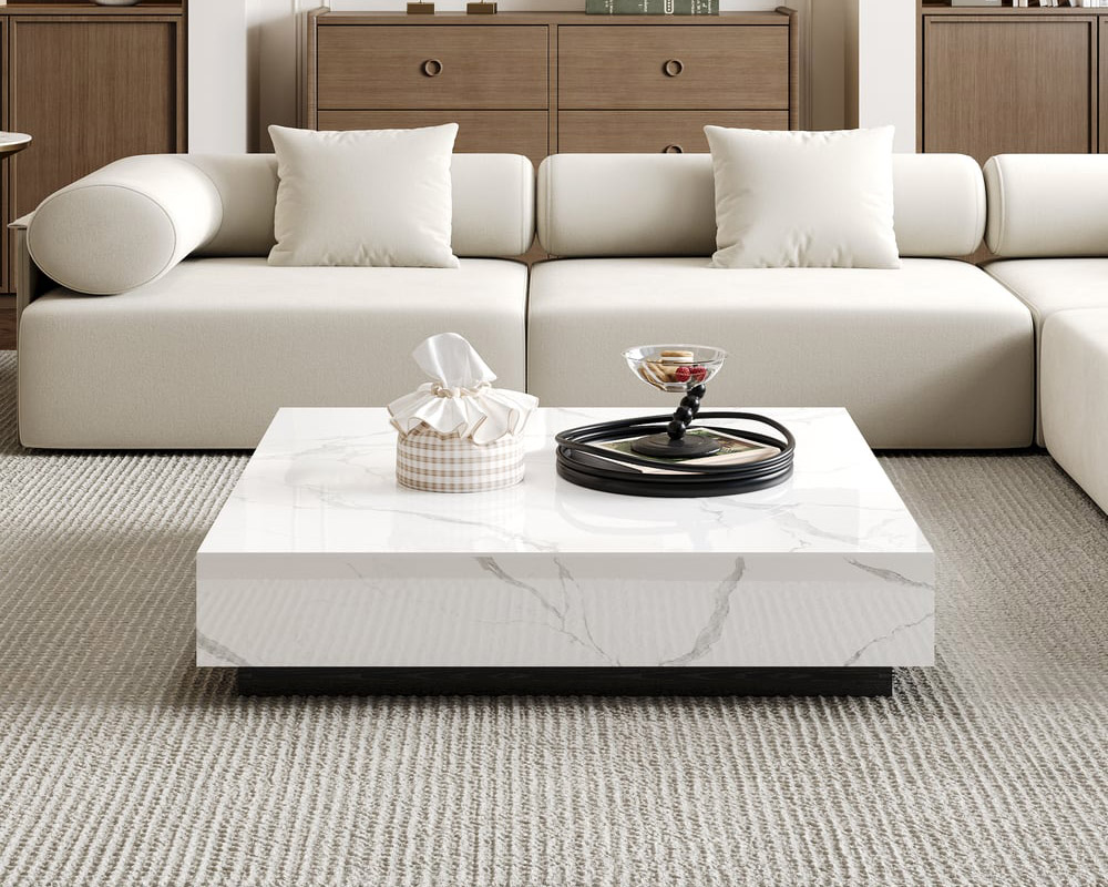 HMR Sintered Stone Electric Fireplace TV Stand & Coffee Table Set - White, 70.9"W x 12.6"D x 23.6"H