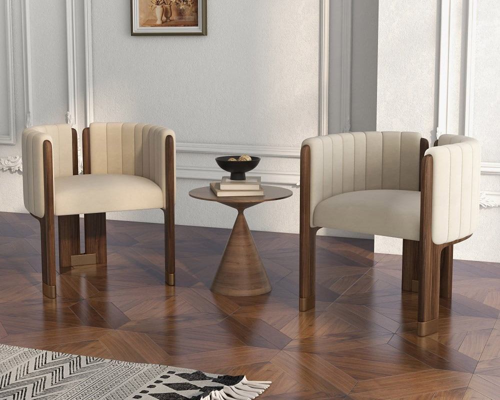 HMR Velvet Fluted Upholstered Accent Chair with Wood Frame (Set of 4) - Beige