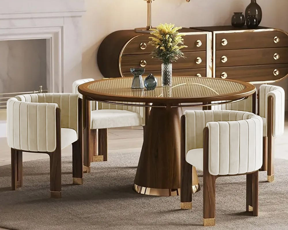 HMR Velvet Fluted Upholstered Accent Chair with Wood Frame (Set of 4) - Beige