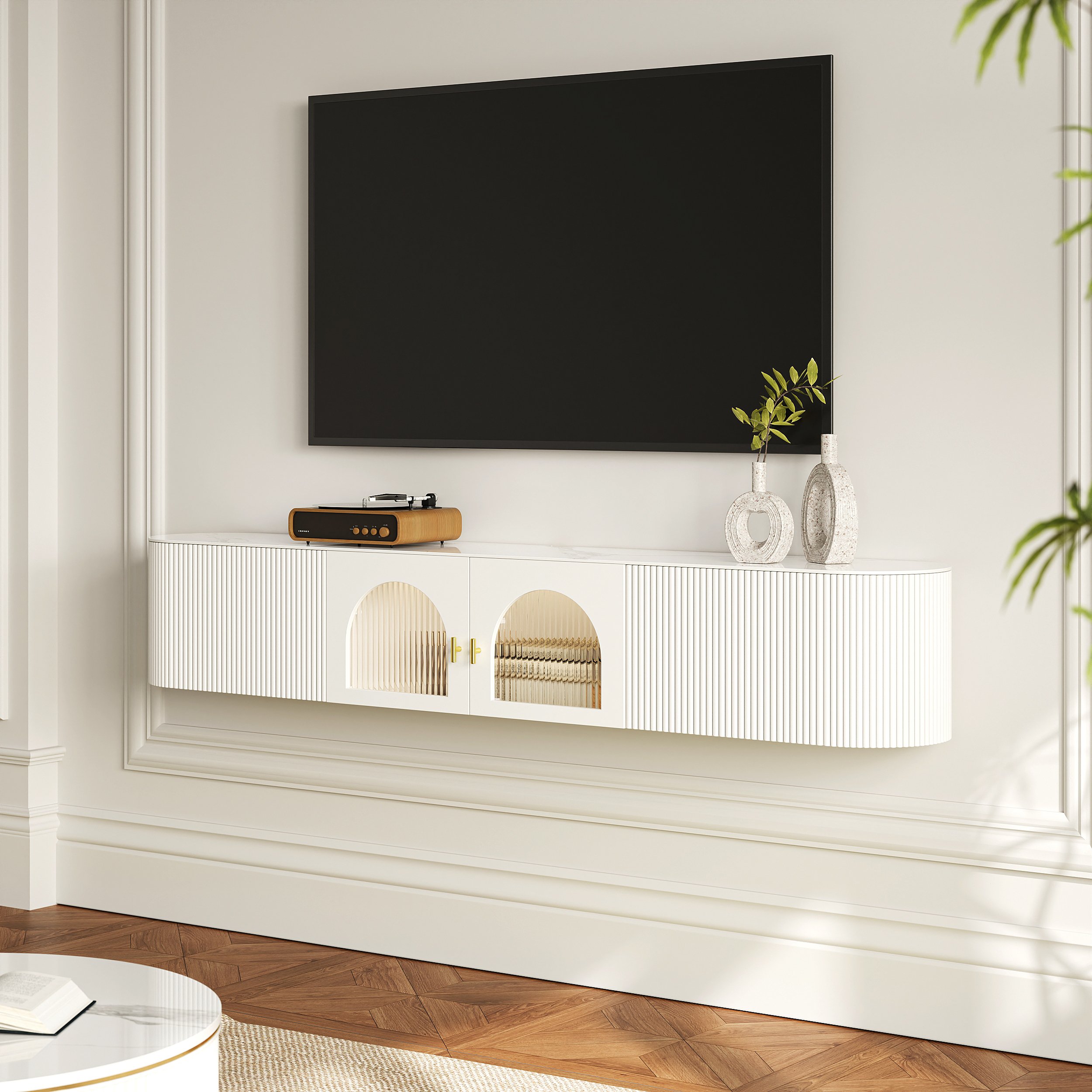 HMR - 70.8" White Sintered Stone Floating Wall-Mounted TV Stand