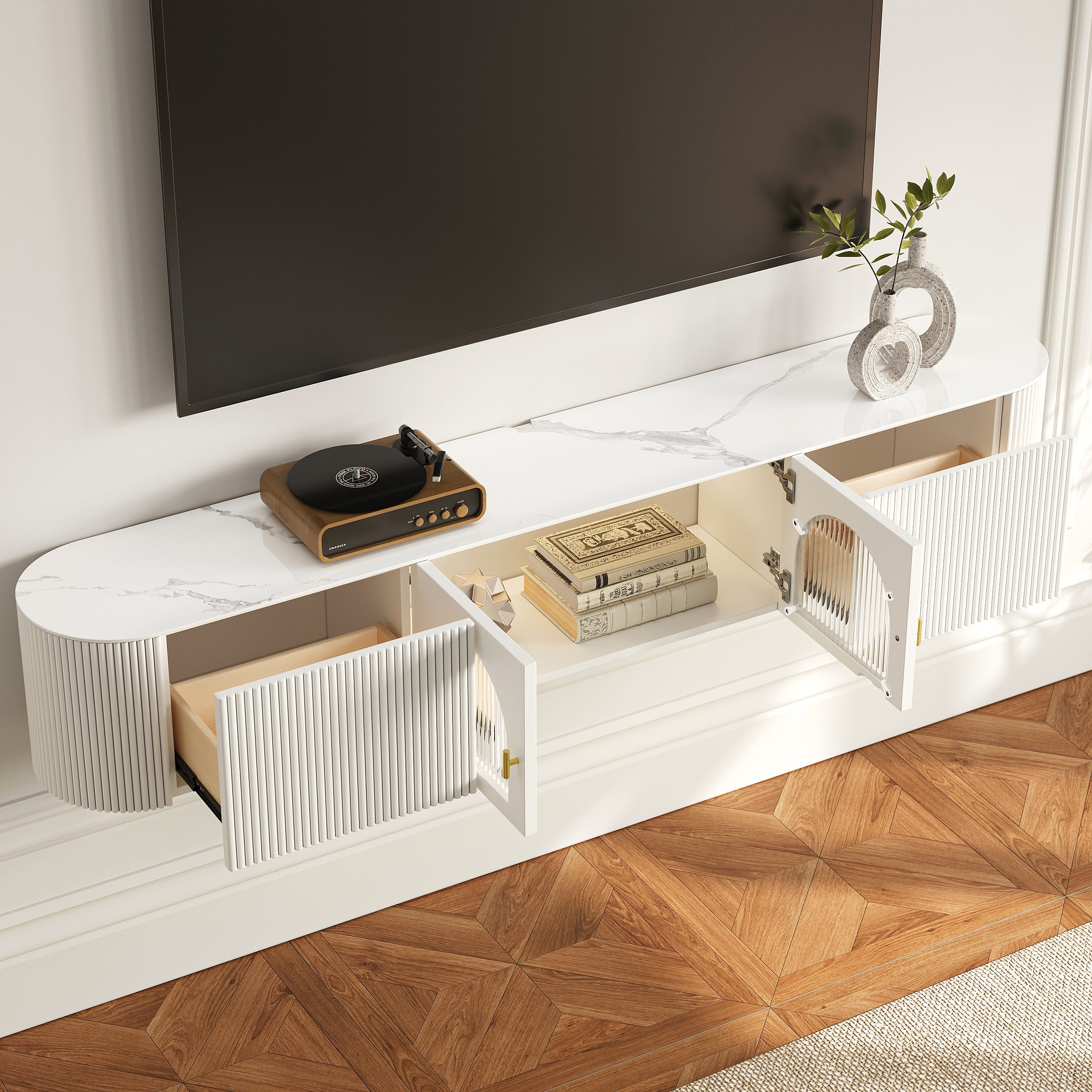 HMR - 70.8" White Sintered Stone Floating Wall-Mounted TV Stand