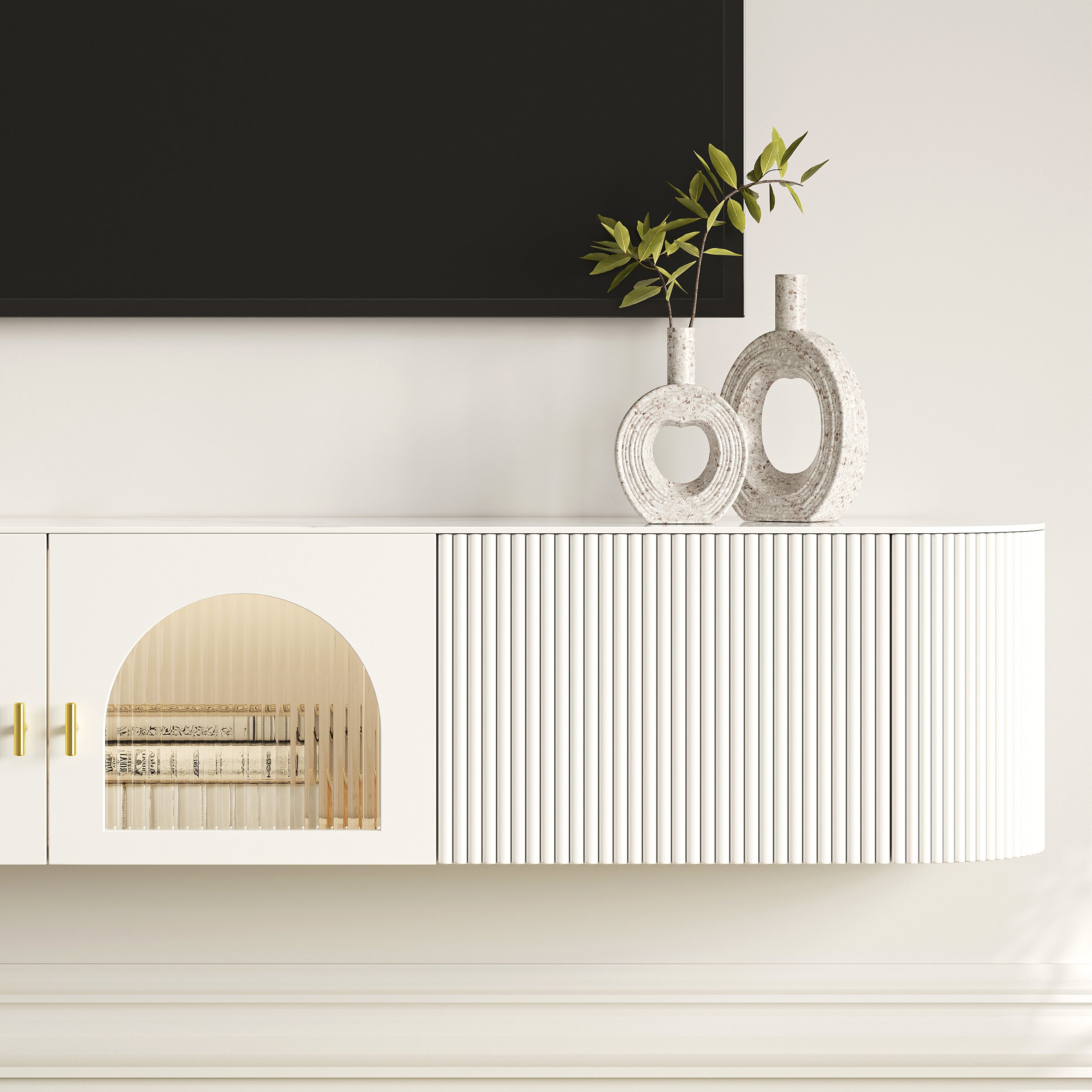 HMR - 70.8" White Sintered Stone Floating Wall-Mounted TV Stand