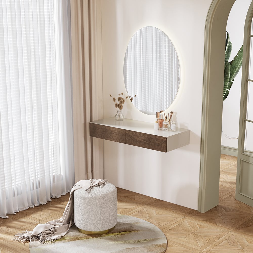 HMR - Modern Light Gray Floating Makeup Vanity Wall Mounted Dressing Table with 2 Drawers