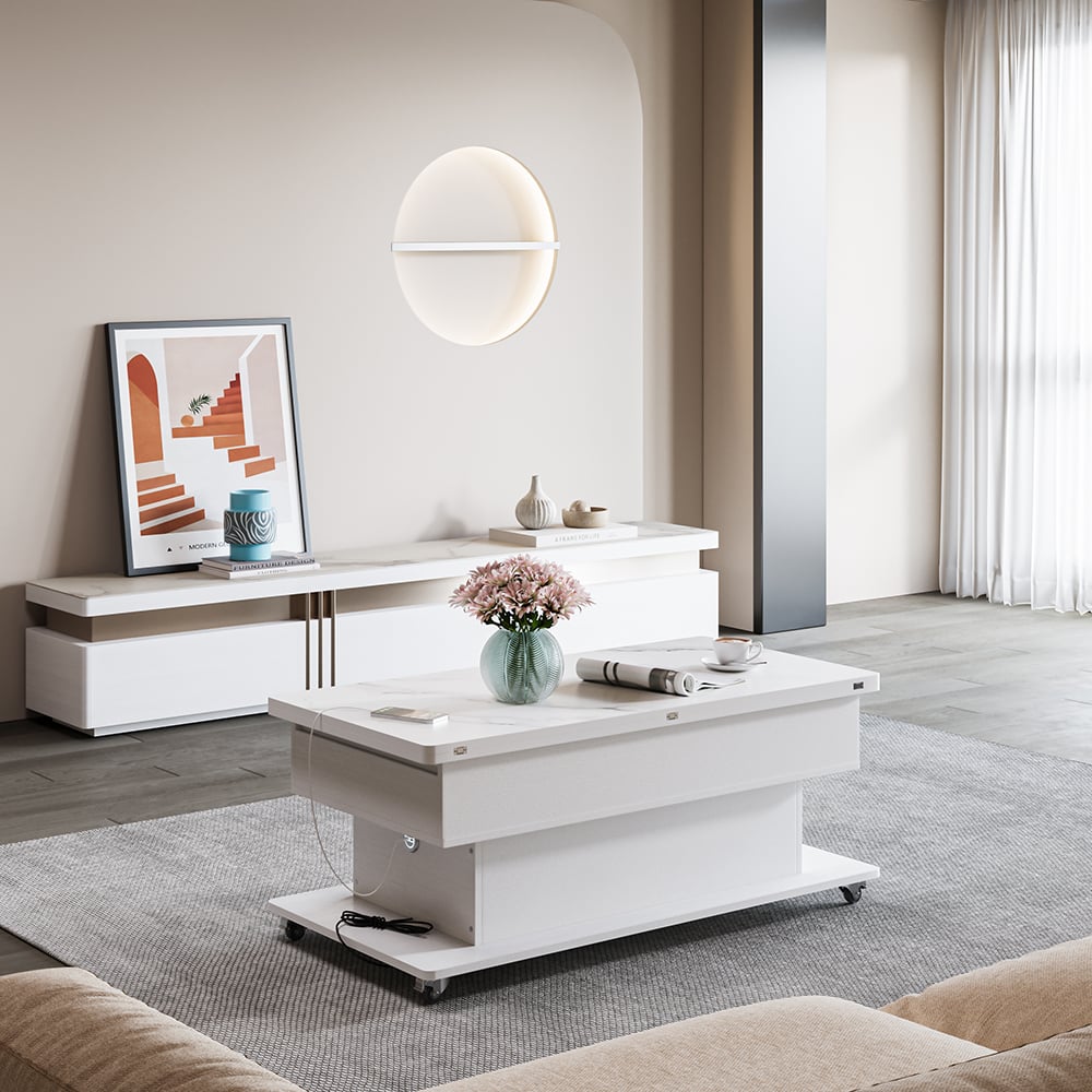 HMR - Modern White Power Lift Height Multifunctional Coffee Table Extendable 2 Drawers USB