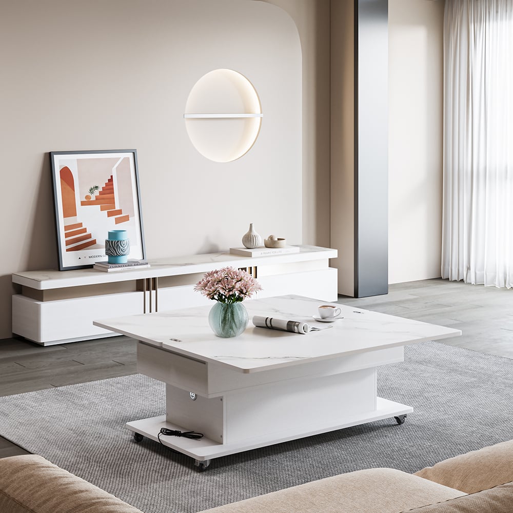 HMR - Modern White Power Lift Height Multifunctional Coffee Table Extendable 2 Drawers USB