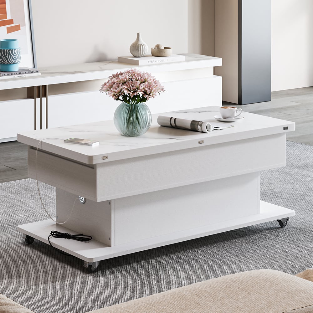 HMR - Modern White Power Lift Height Multifunctional Coffee Table Extendable 2 Drawers USB