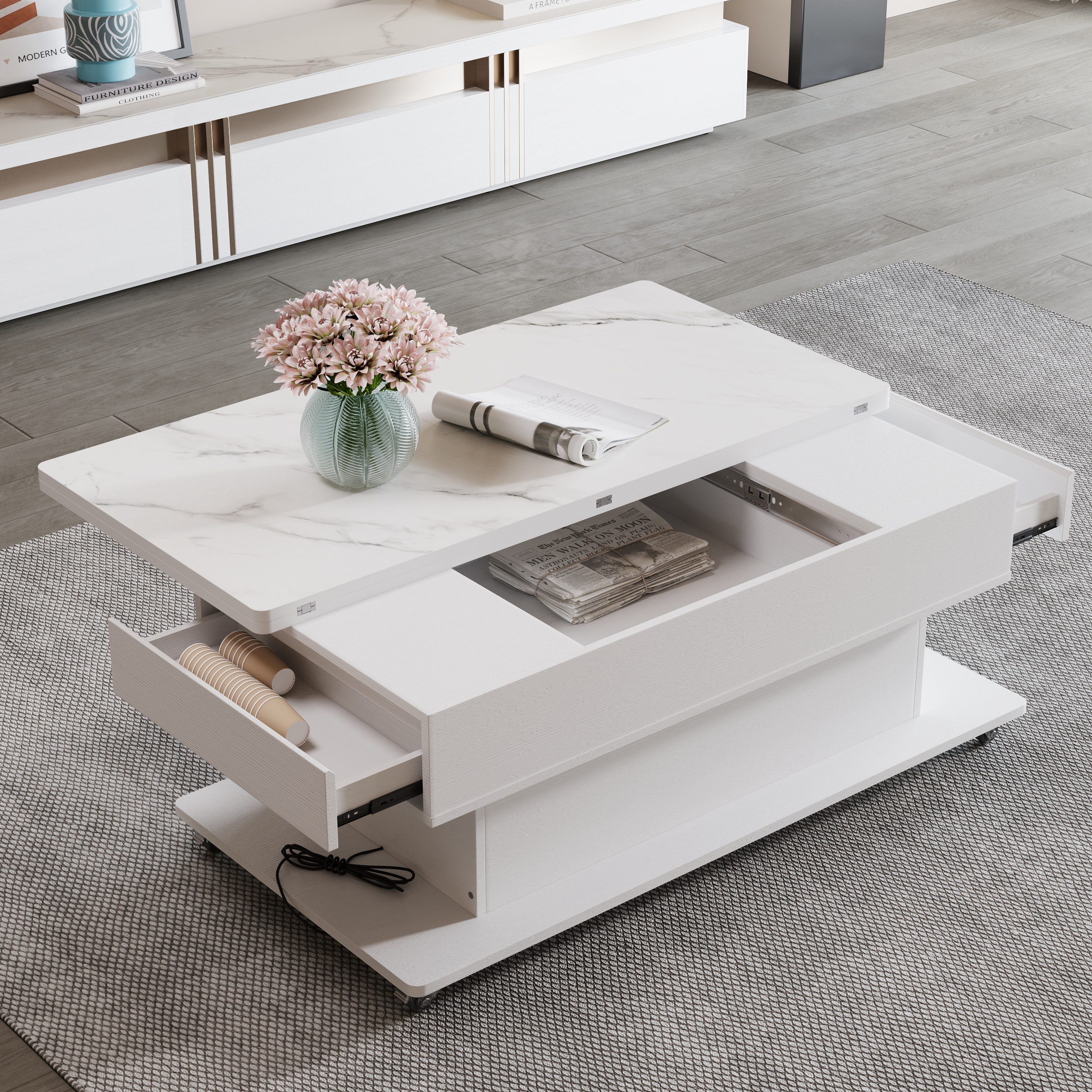 HMR - Modern White Power Lift Height Multifunctional Coffee Table Extendable 2 Drawers USB