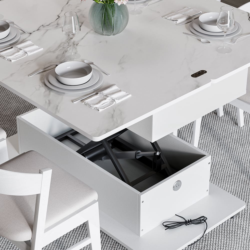 HMR - Modern White Power Lift Height Multifunctional Coffee Table Extendable 2 Drawers USB