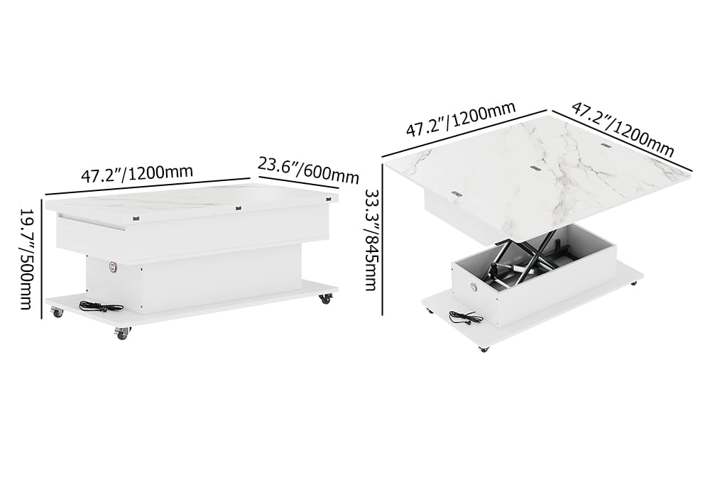 HMR - Modern White Power Lift Height Multifunctional Coffee Table Extendable 2 Drawers USB