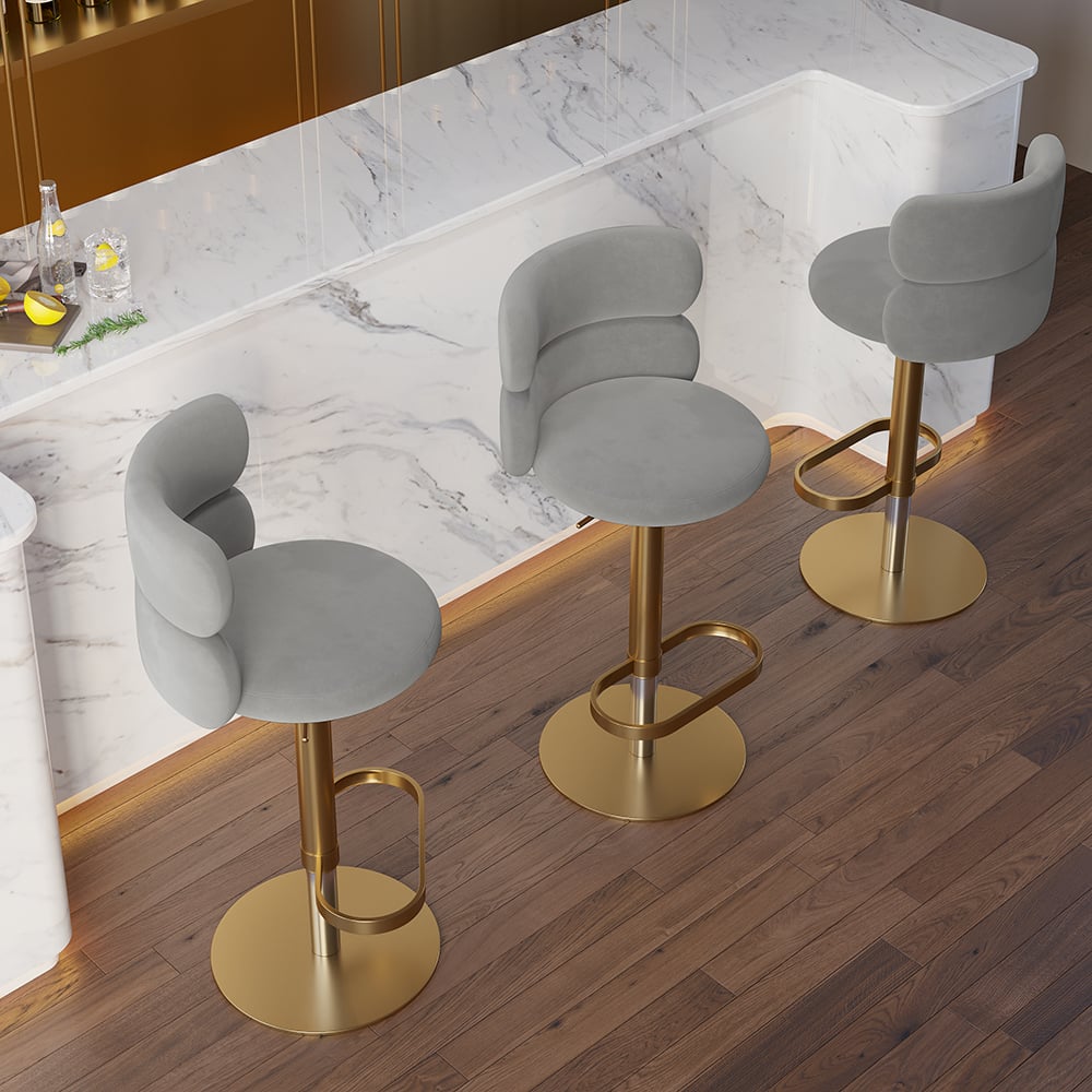 HMR Affordable Luxury Modern Adjustable Swivel Bar Stools with Velvet Upholstery - Gray, 6-Pieces