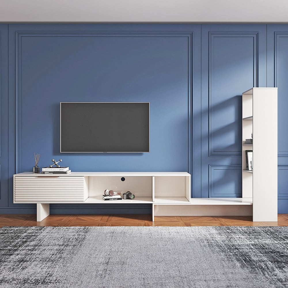 HMR - Modern White Retracted & Extendable TV Stand Wood Entertainment Center with Bookshelves