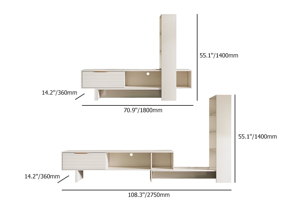 HMR - Modern White Retracted & Extendable TV Stand Wood Entertainment Center with Bookshelves