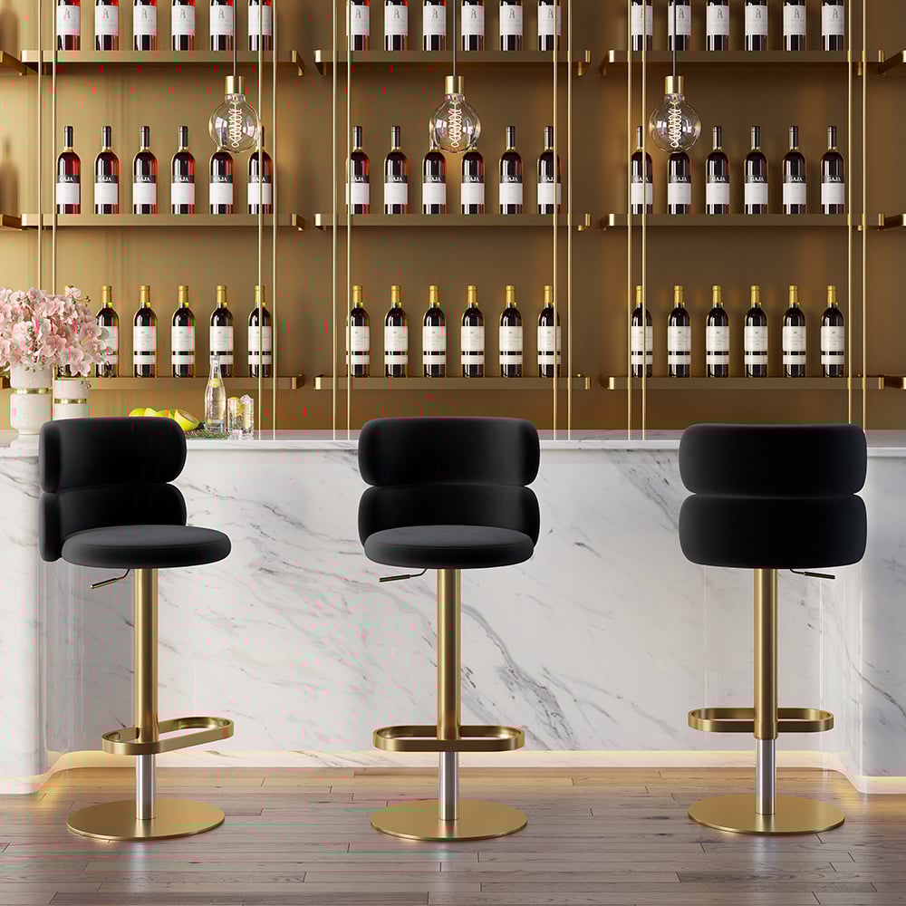 HMR Affordable Luxury Modern Adjustable Swivel Bar Stools with Velvet Upholstery - Black, 4-Pieces
