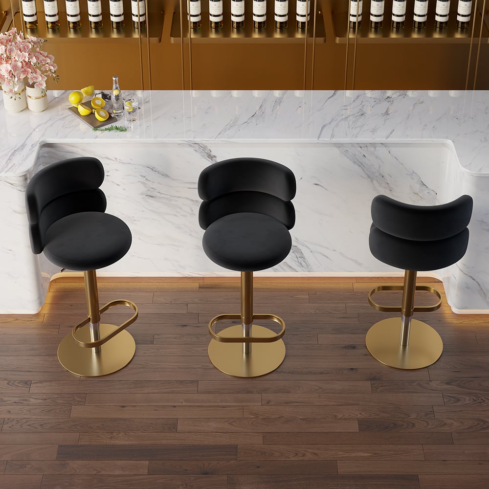 HMR Affordable Luxury Modern Adjustable Swivel Bar Stools with Velvet Upholstery - Black, 4-Pieces