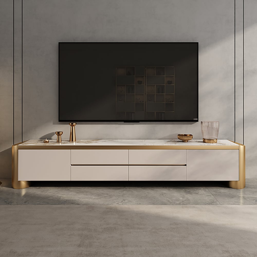 HMR - Modern 78.7" Off White & Gold TV Stand Sintered Stone Top with Storage for TVs up to 85"