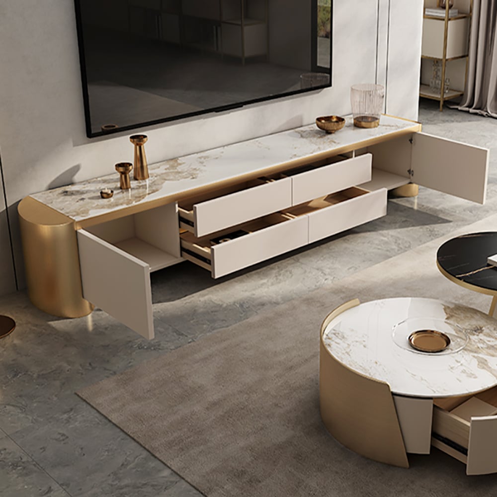 HMR - Modern 78.7" Off White & Gold TV Stand Sintered Stone Top with Storage for TVs up to 85"