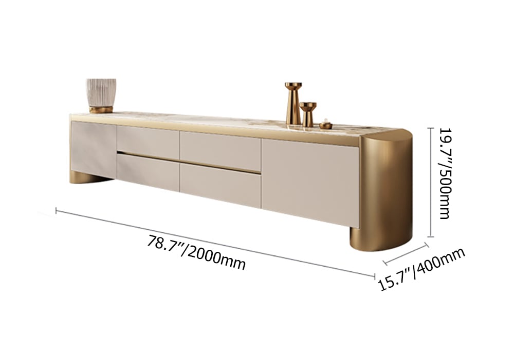 HMR - Modern 78.7" Off White & Gold TV Stand Sintered Stone Top with Storage for TVs up to 85"
