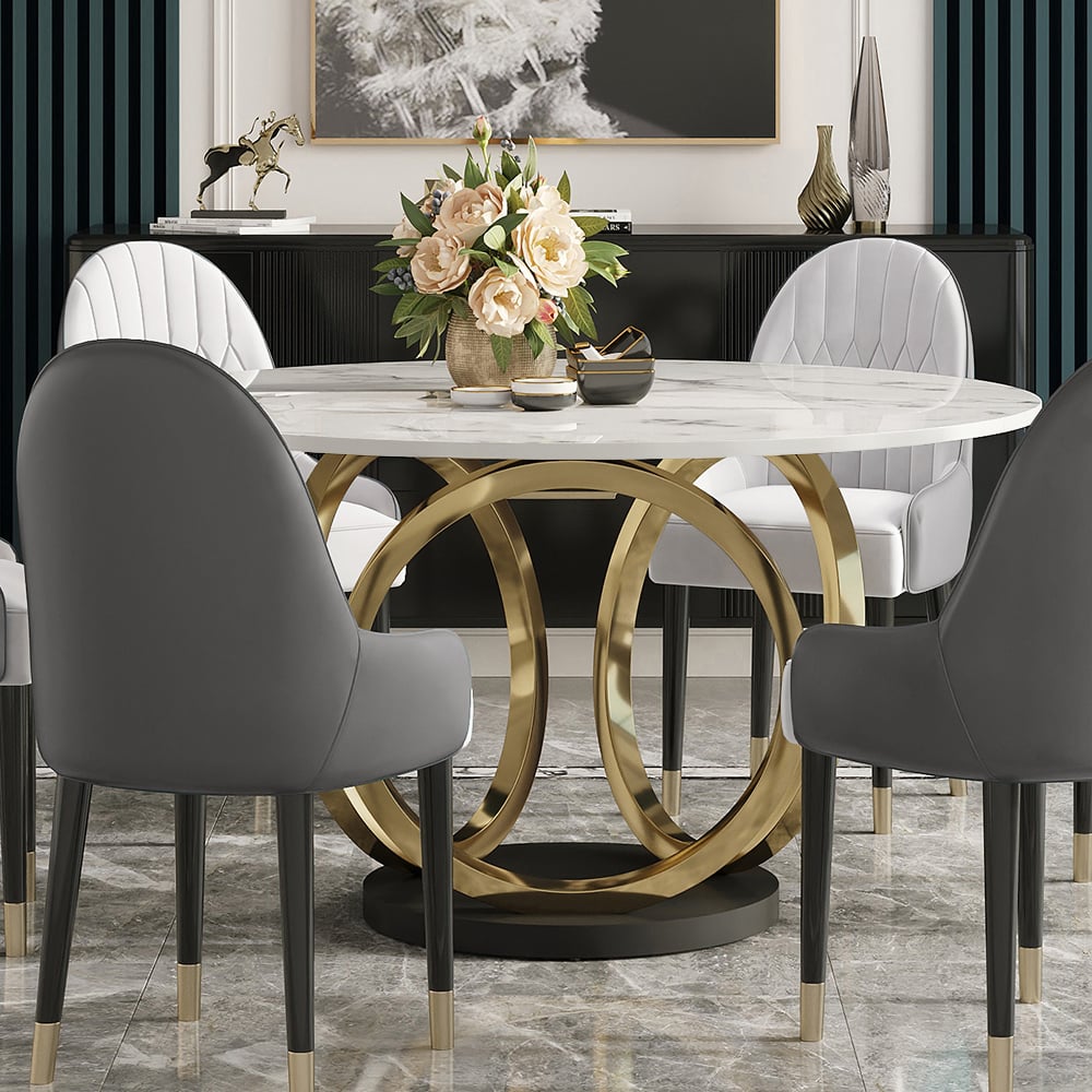 HMR Dining Set 53.1" Modern Style Round Sintered Stone Dining Table with 6 Chairs - White/Gray