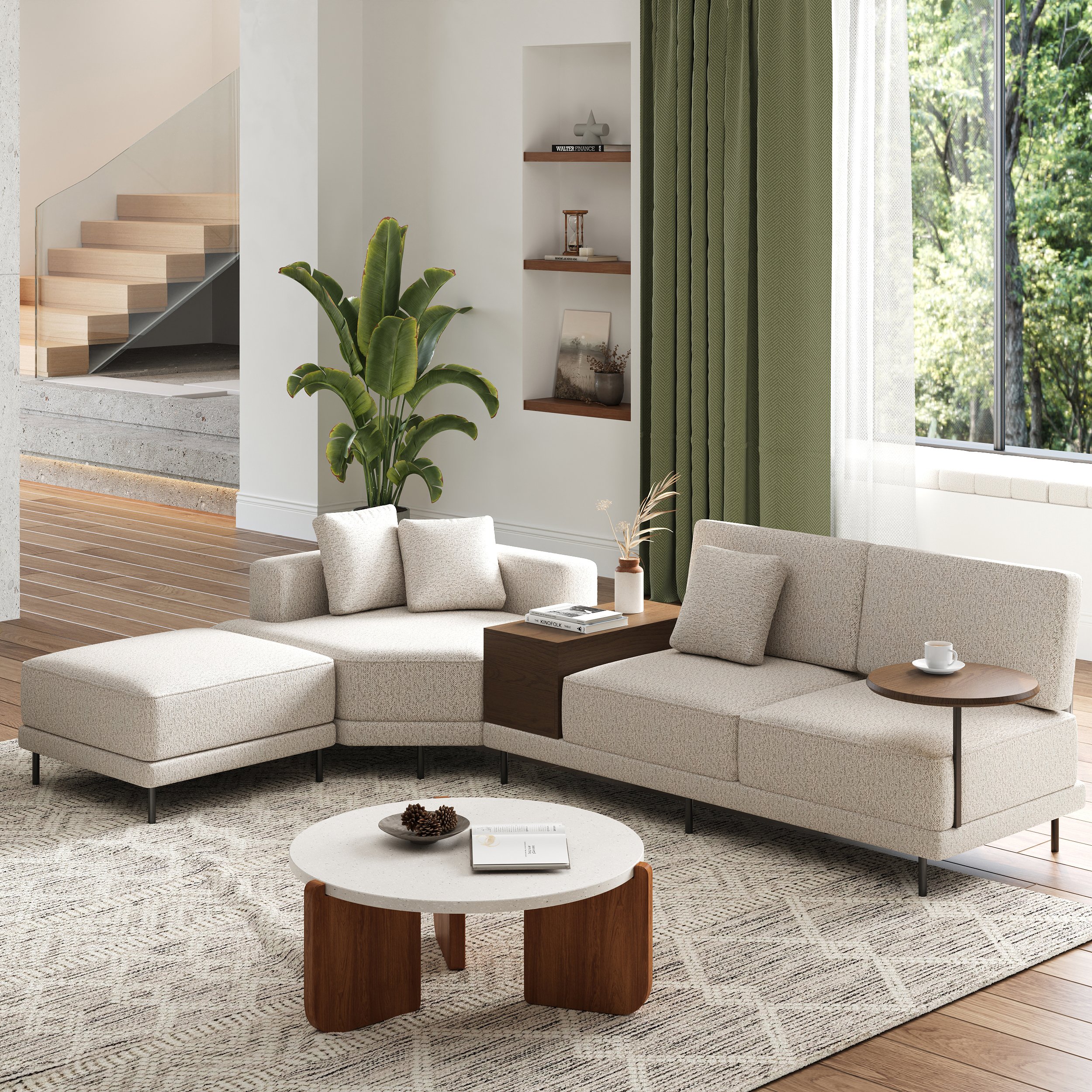 HMR - 143" Linen Modular Sectional Sofa with Storage & Swivel Tray