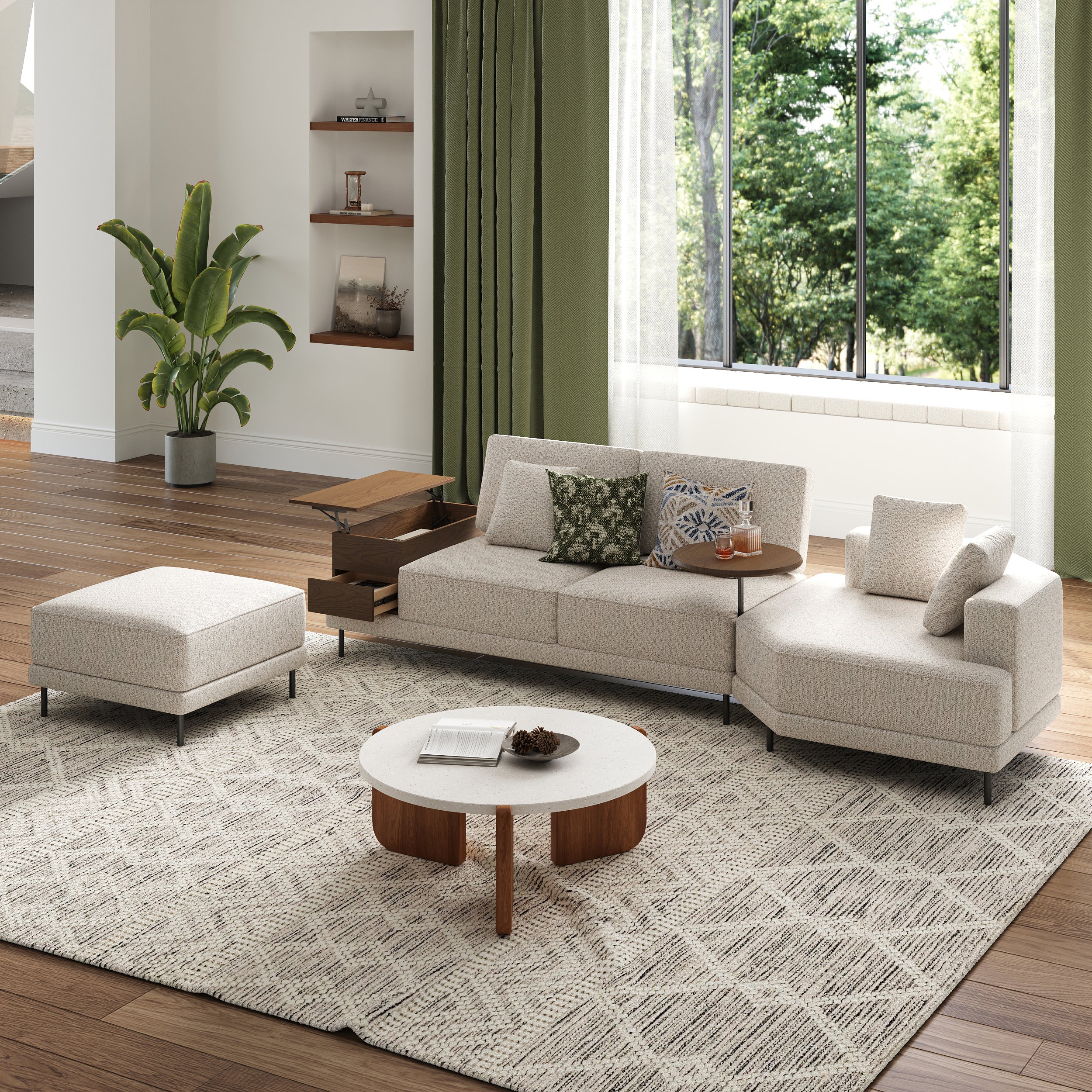 HMR - 143" Linen Modular Sectional Sofa with Storage & Swivel Tray