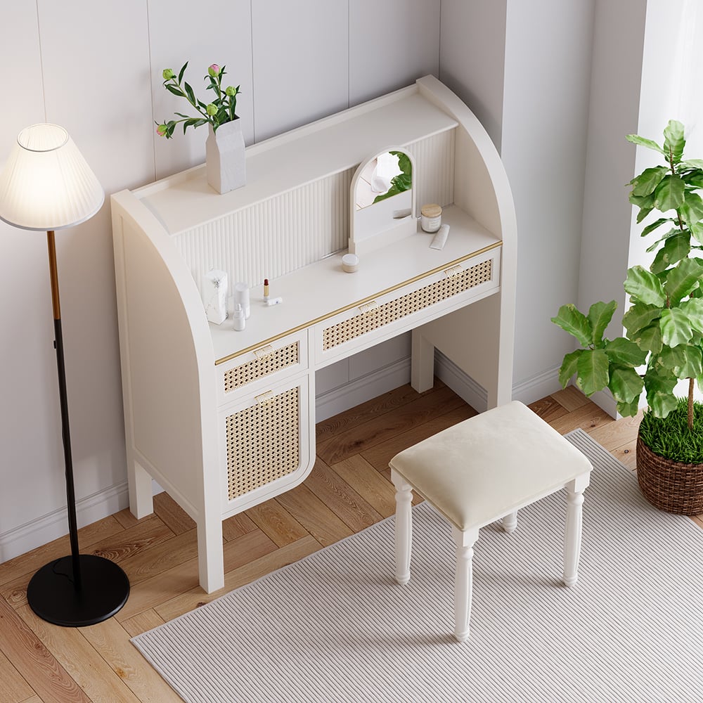 HMR - Farmhouse White Makeup Vanity Set Rattan Dressing Table with Stool & Mirror