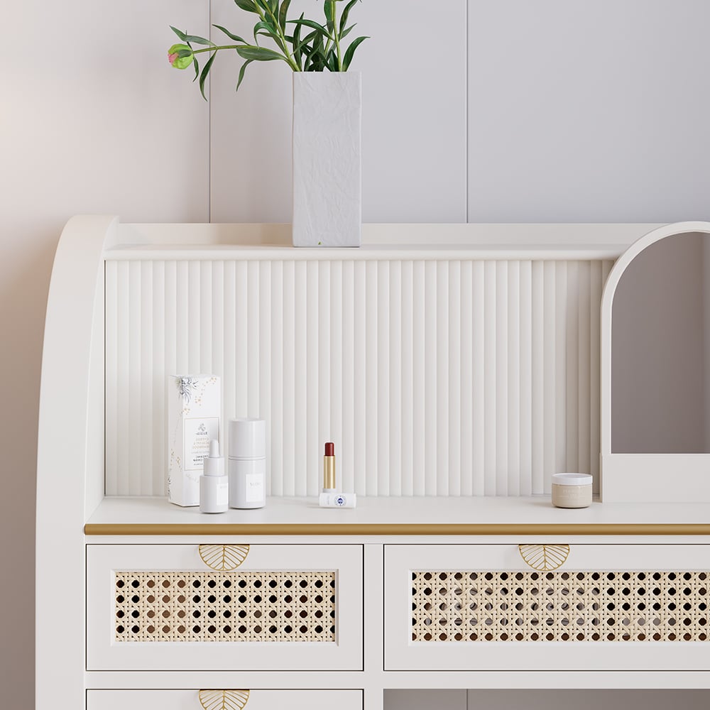 HMR - Farmhouse White Makeup Vanity Set Rattan Dressing Table with Stool & Mirror