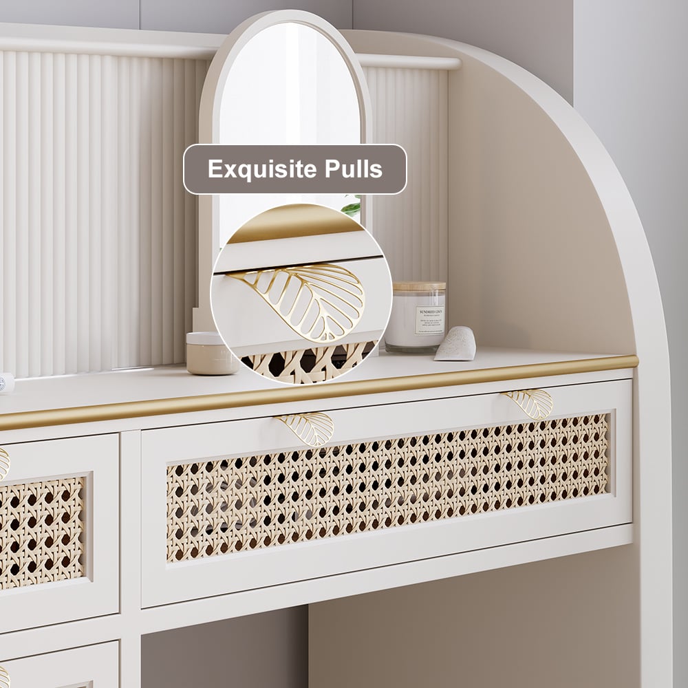 HMR - Farmhouse White Makeup Vanity Set Rattan Dressing Table with Stool & Mirror