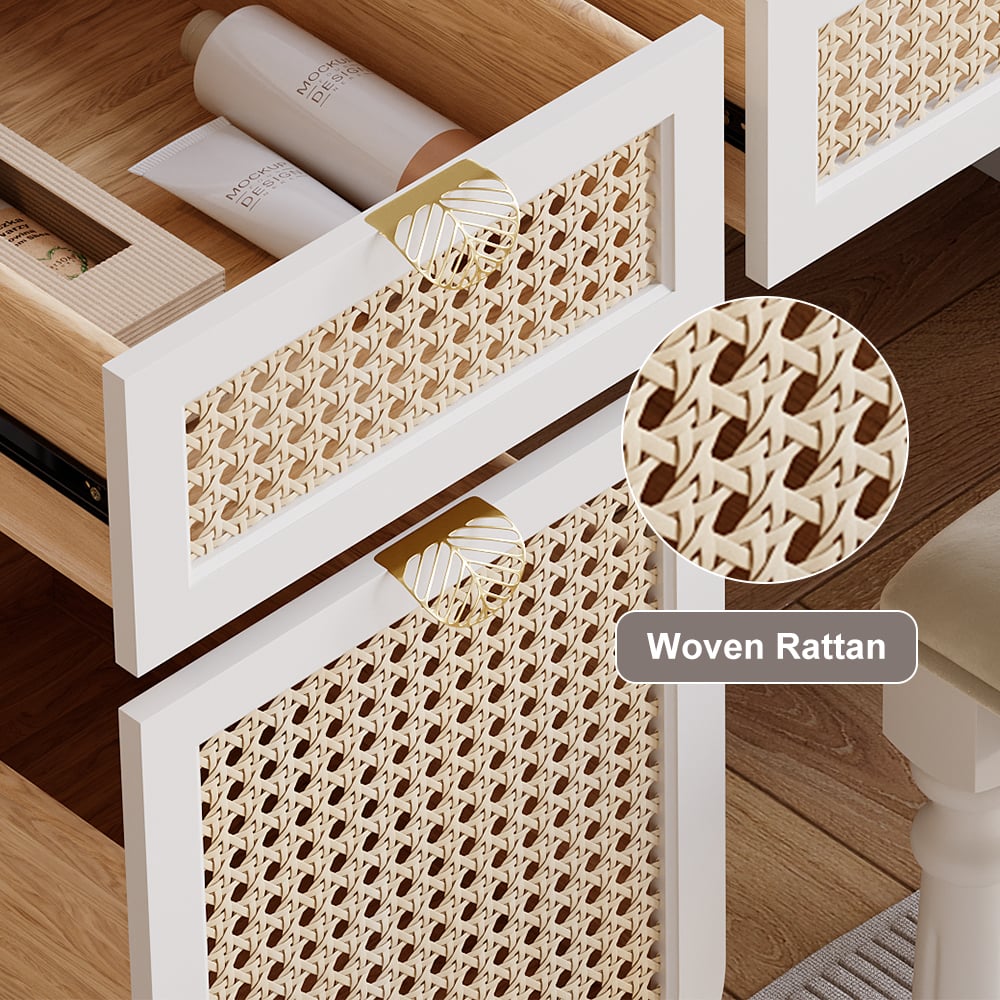 HMR - Farmhouse White Makeup Vanity Set Rattan Dressing Table with Stool & Mirror