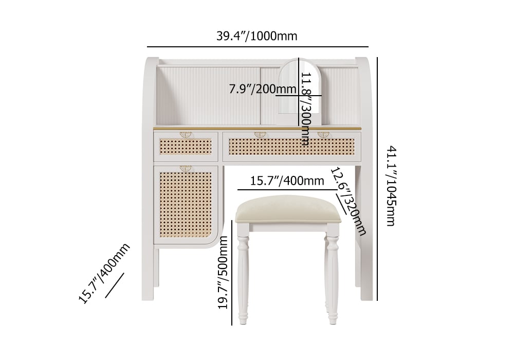 HMR - Farmhouse White Makeup Vanity Set Rattan Dressing Table with Stool & Mirror